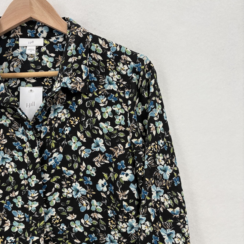 J Jill Tunic Top Womens Medium Black Floral Button Front Long Sleeve Shirt NWT - Picture 2 of 13